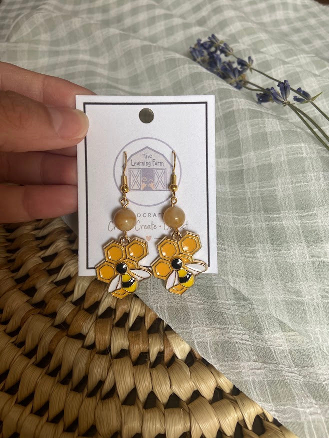 Honeycomb Bee Earrings with Honey Jade Stone