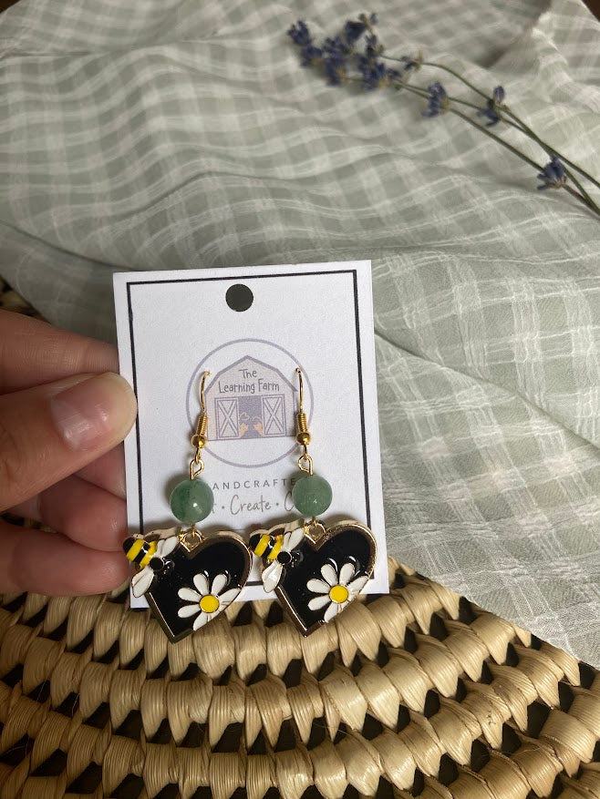 Black Bee Heart Earrings with Green Aventurine Stone