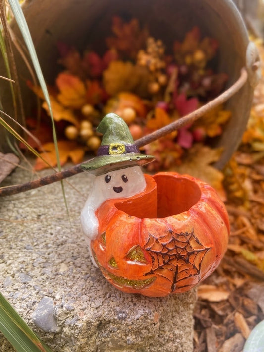 Handmade Ghost Pumpkin Trinket Holder
